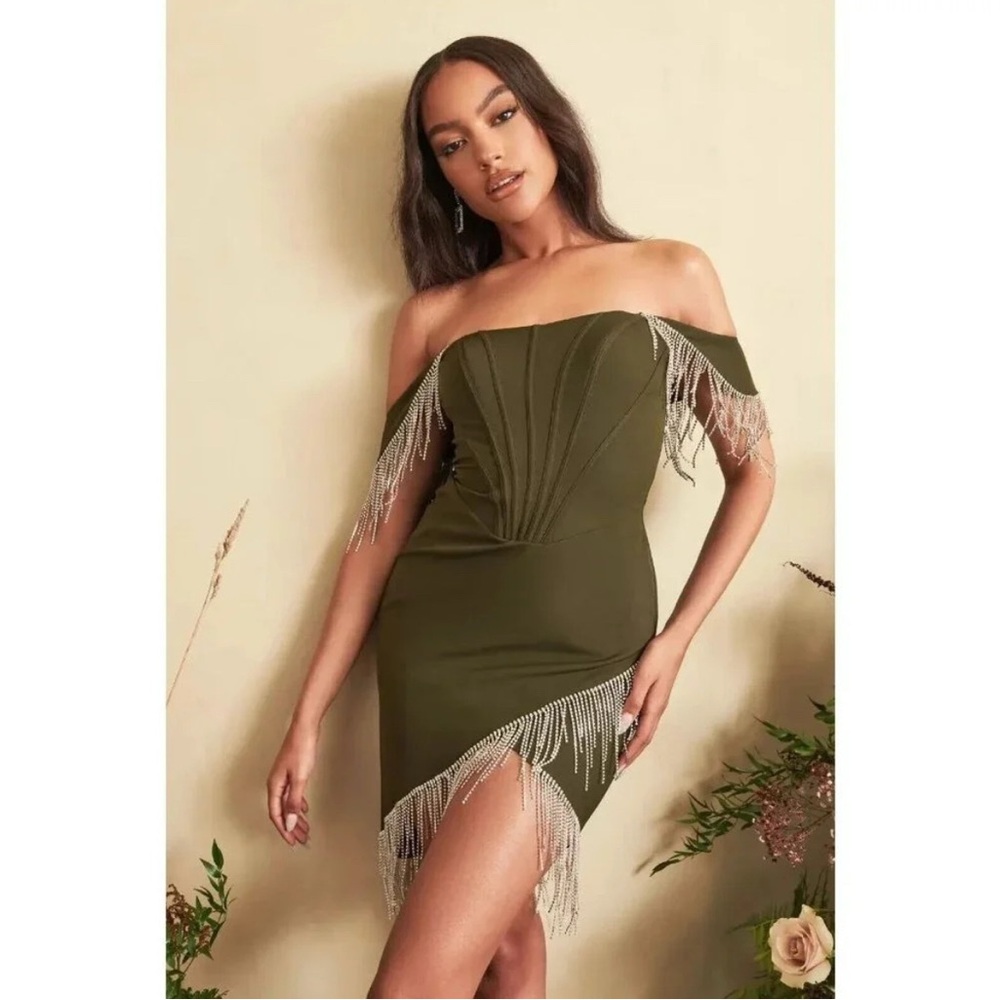 Lavish Alice Beaded Fringe Bardot Corset Dress